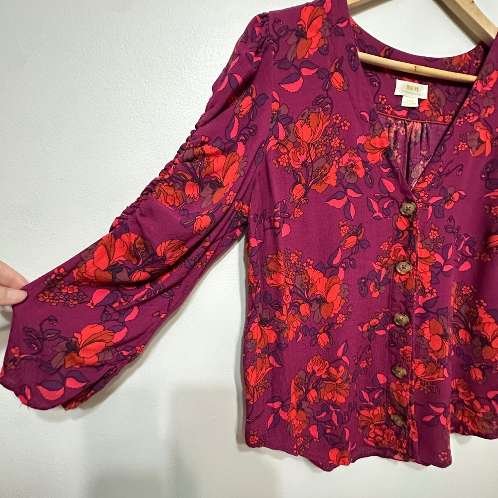 Maeve Anthropologie Fall Floral Blouse Womens Large Magenta Ruched Sleeve Top - Picture 7 of 11